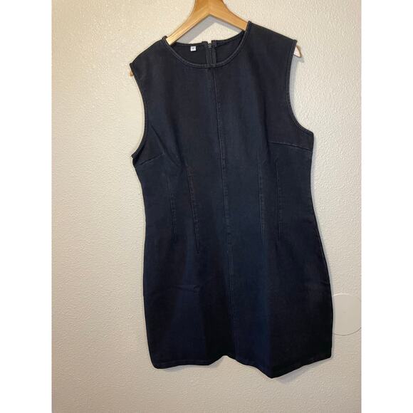 Classic Minimalist Black Denim High Neckline Bodycon Sleeveless Mini Dress Small - Picture 10 of 11